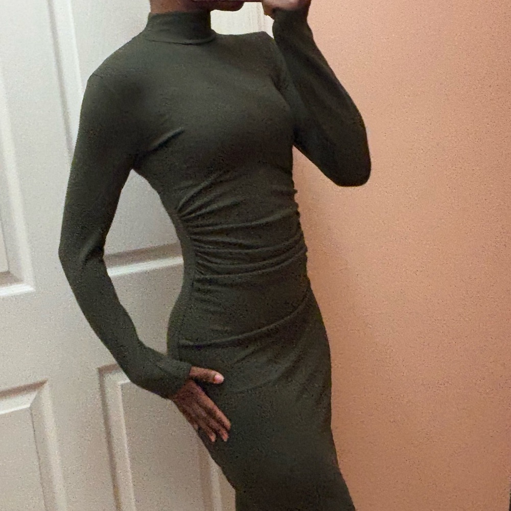 Zara Olive Green Long Sleeve Ruched Midi Dress